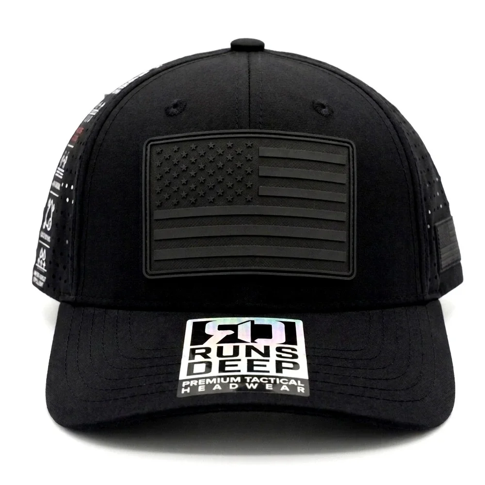 Runs Deep Premium Tactical American Flag Black Moisture Perforated Mesh Snapback